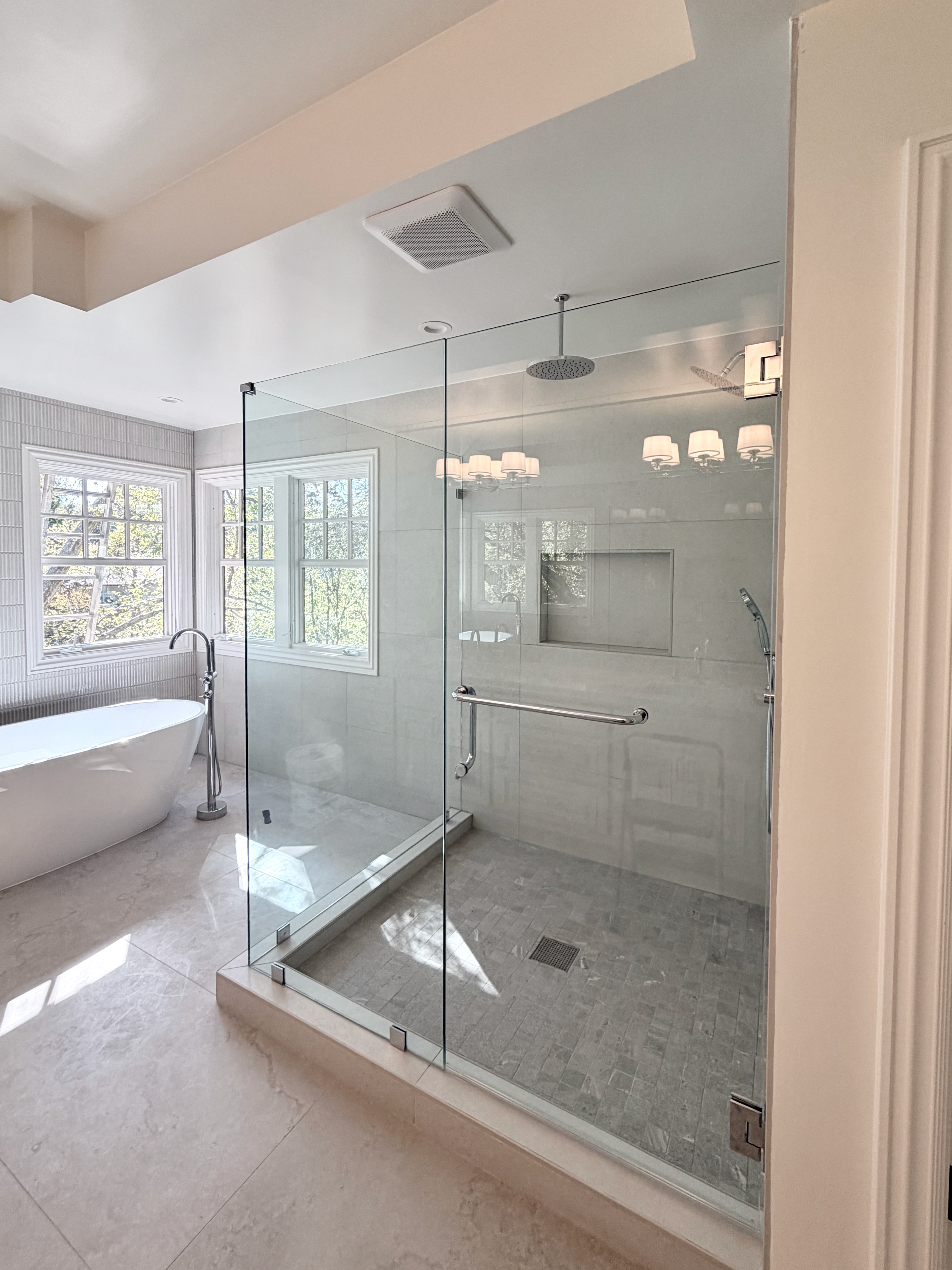 Frameless shower enclosure with freestanding tub