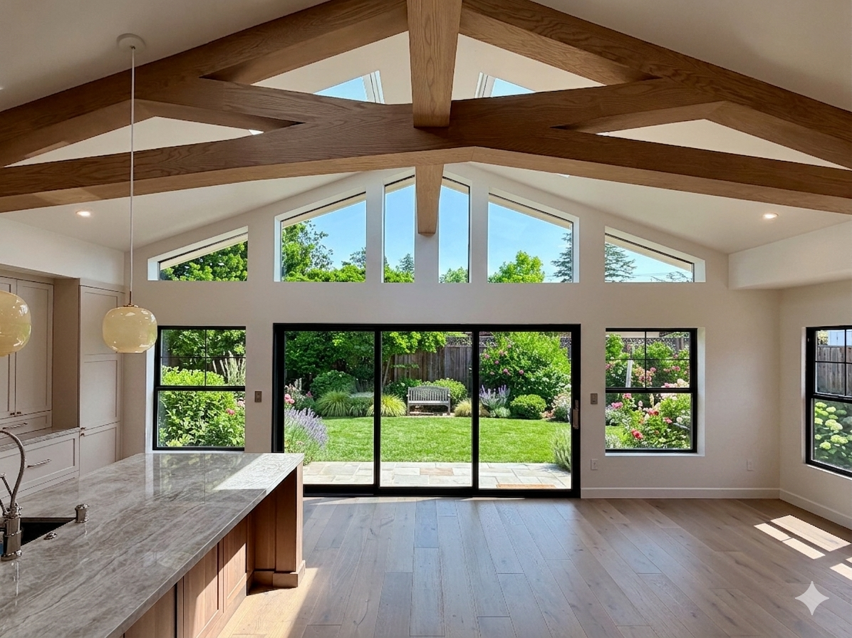 Residential interior with large windows and cathedral ceiling